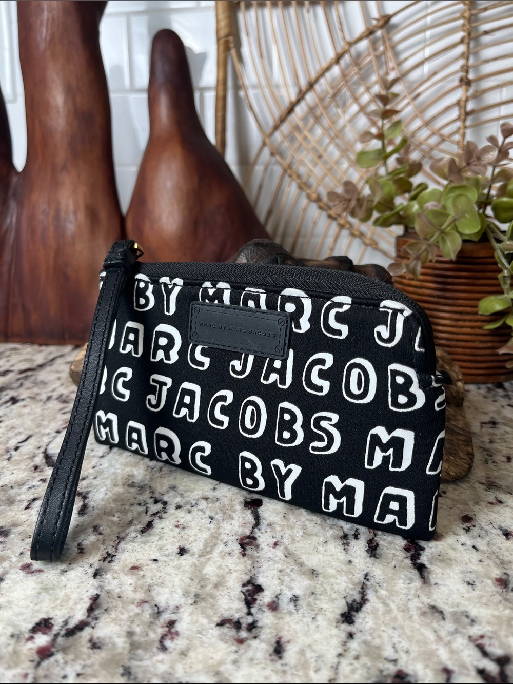 Marc Jacobs Black and White Logo Wristlet Pouch